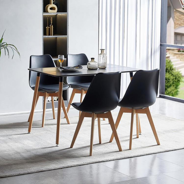 Comedor Mesa Rectangular Brunell 120x80 Negra + 4 Sillas Tulip Negra