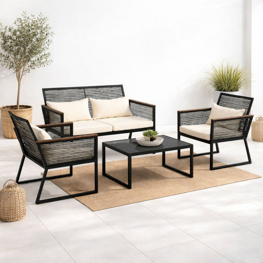 Juego de Terraza Pol Negro/Beige | 3 Piezas + 1 Mesa de Centro