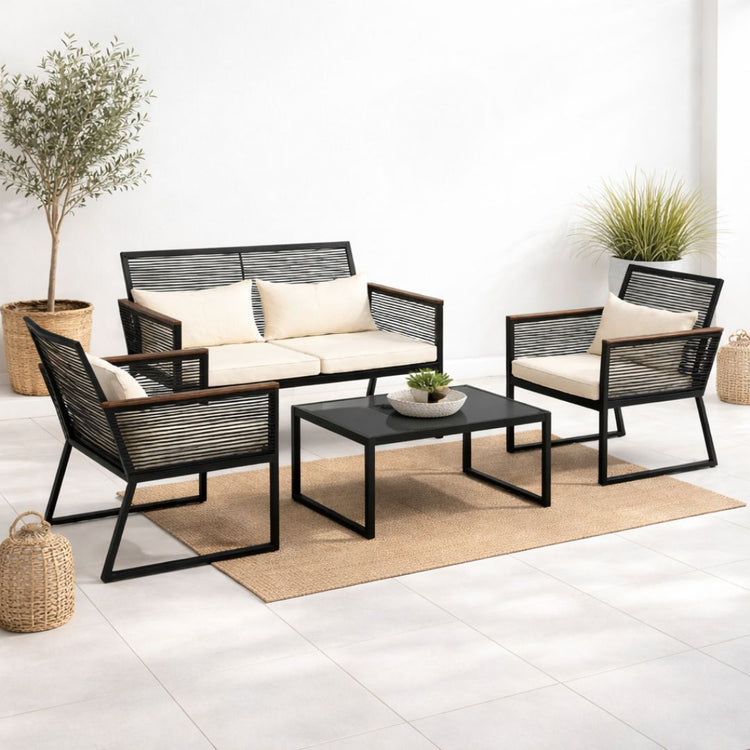 Juego de Terraza Pol Negro/Beige | 3 Piezas + 1 Mesa de Centro