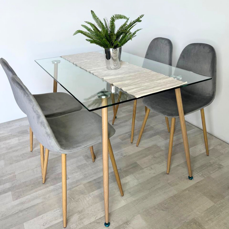 Comedor Mesa Vidrio 120x80 + 4 Sillas Isy Gris