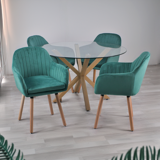 Comedor Mesa Redonda Equiz 120cm + 4 Butacas Almer Verde Esmeralda