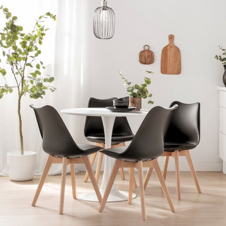 Comedor Mesa Tulip Redonda 80cm Blanca + 4 Sillas Tulip Negro