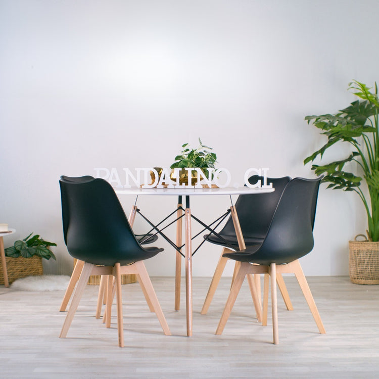 Comedor Mesa Redonda Estela Blanca 80cm + 4 Sillas Tulip Negro