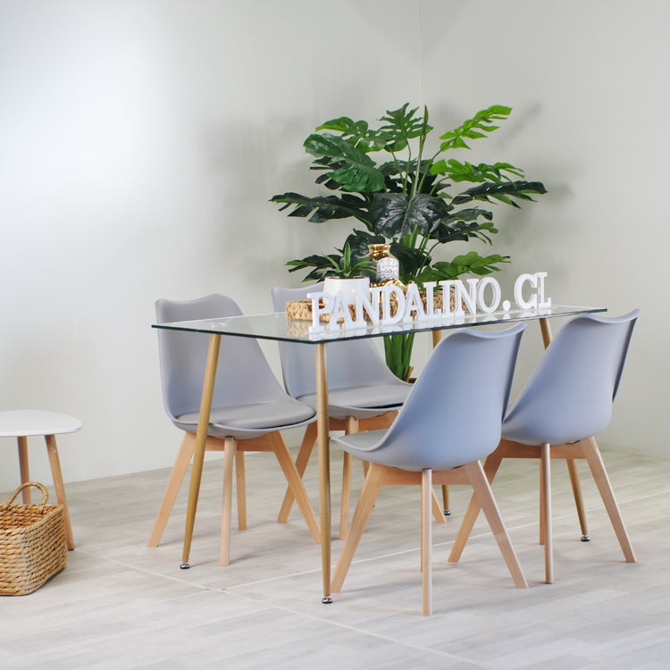 Comedor Mesa Rectangular Vitreo 120x80 + 4 Sillas Tulip Gris