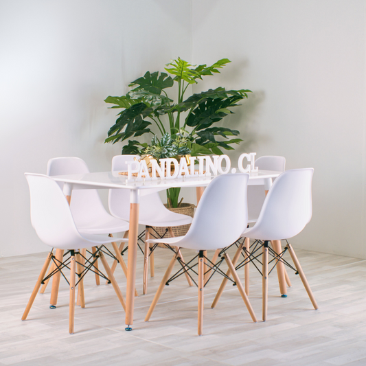Comedor Mesa Rectangular Brunell 120x80 Blanco + 6 Sillas Eames Blanca