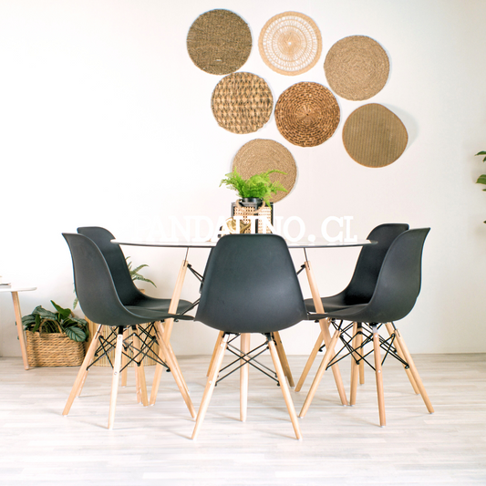 Comedor Mesa Redonda Elida 120cm + 6 Sillas Eames Negra